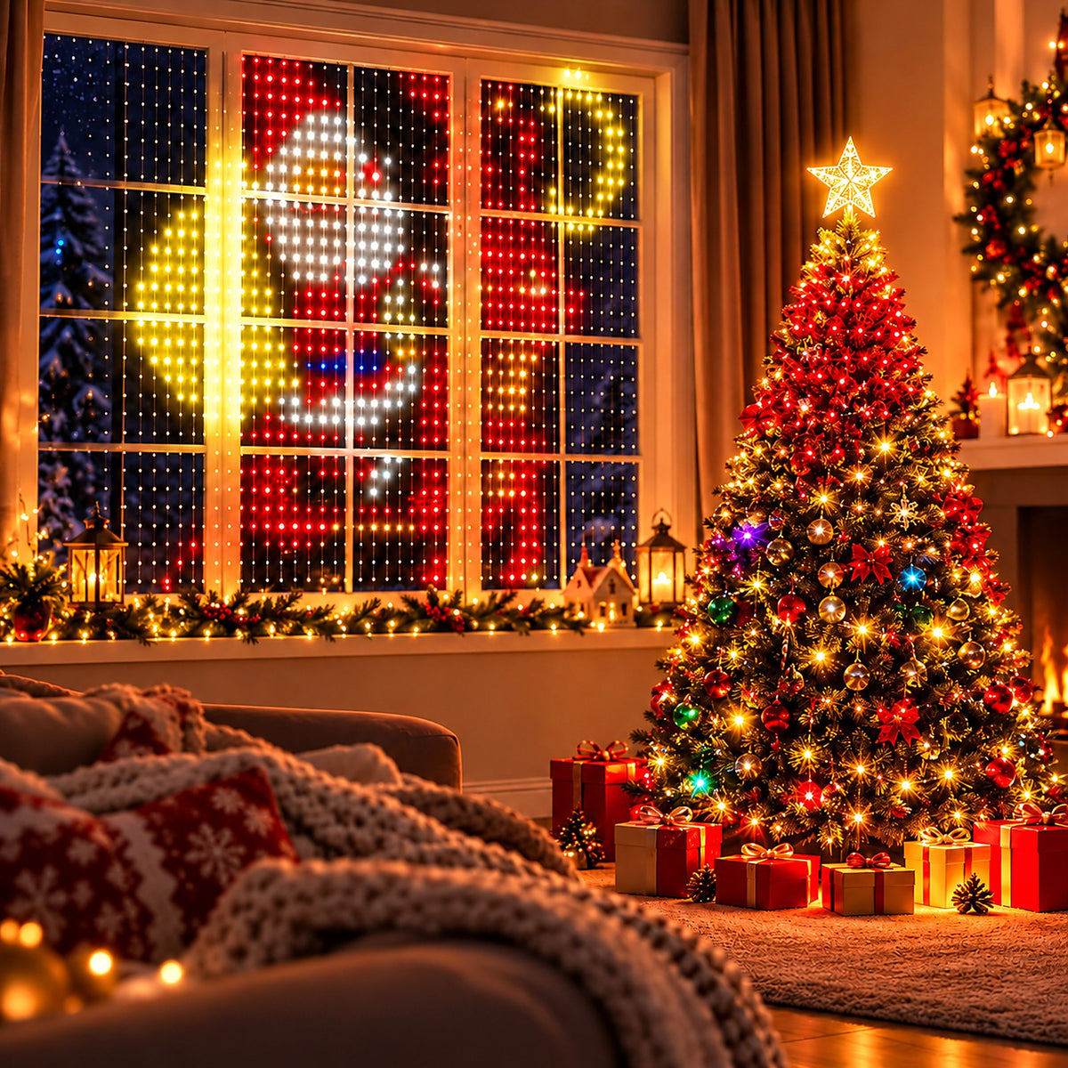 Luces navideñas encendidas en la sala junto al árbol