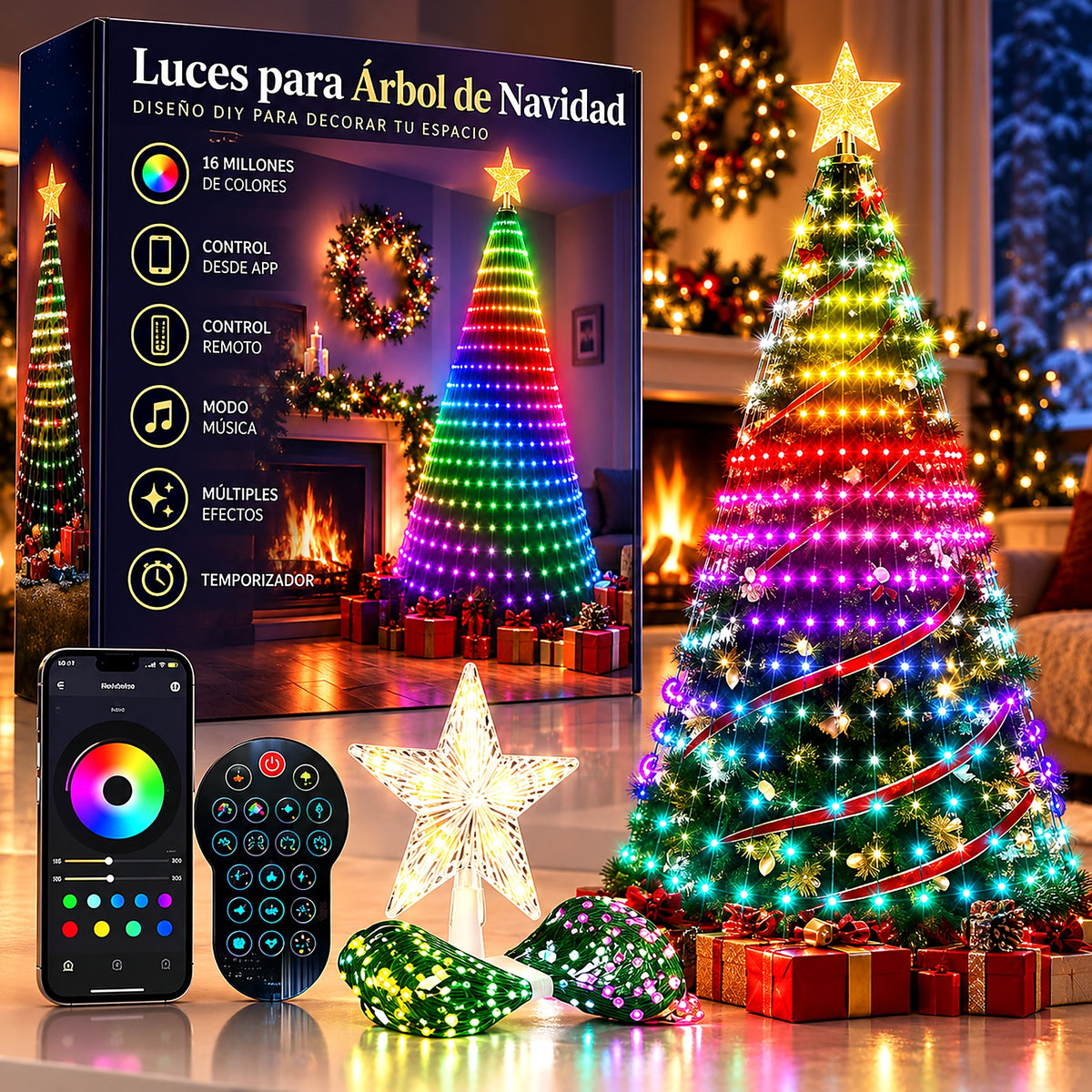 Luces inteligentes RGBIC para árbol de Navidad con app, control remoto y estrella